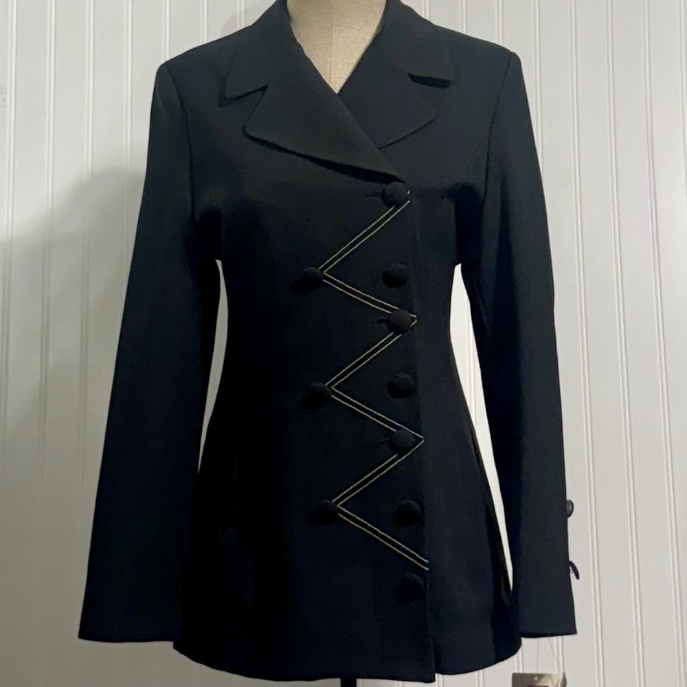 Moshiano Womens 3 Black Zig Zag Button Blazer Microfiber NWT Vintage 90s Goth